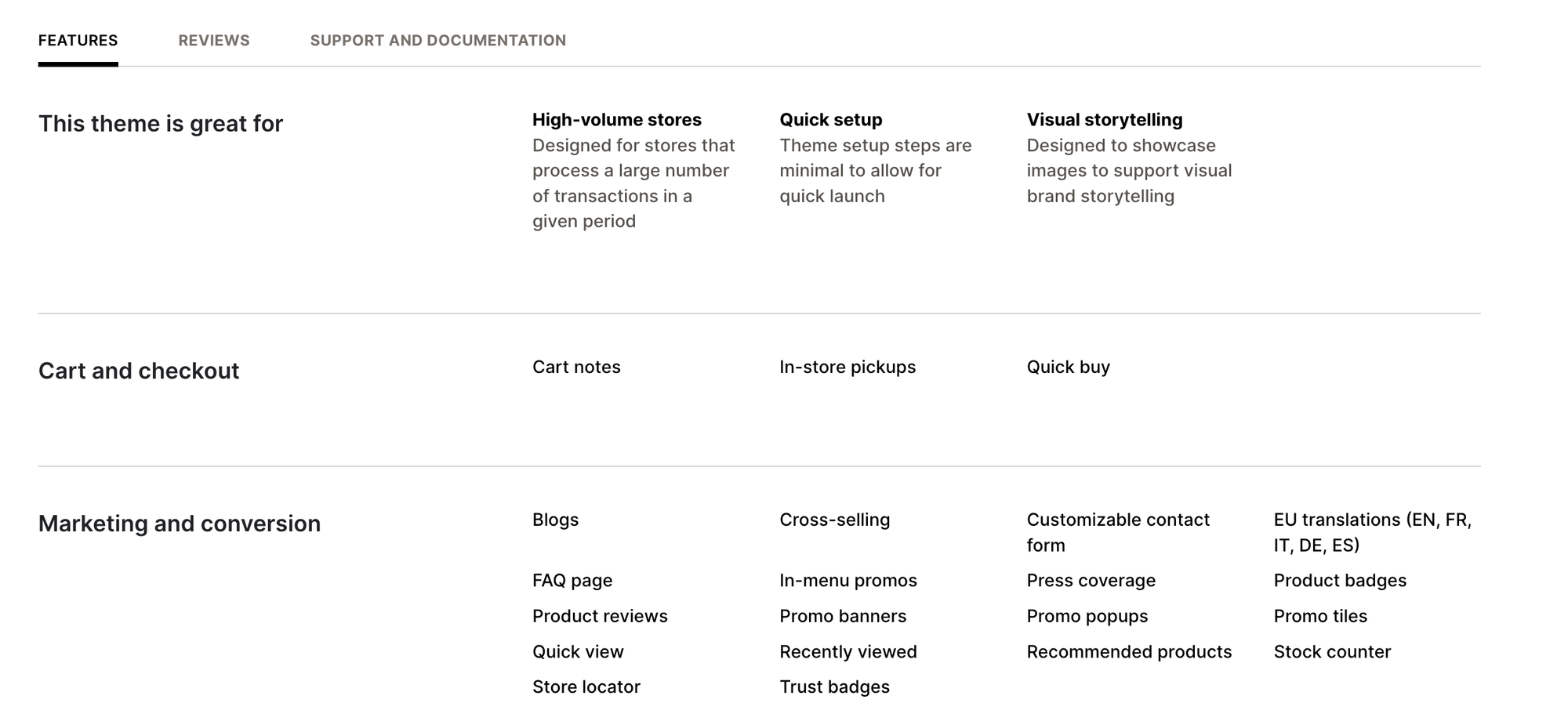Showcase Shopify Theme Features