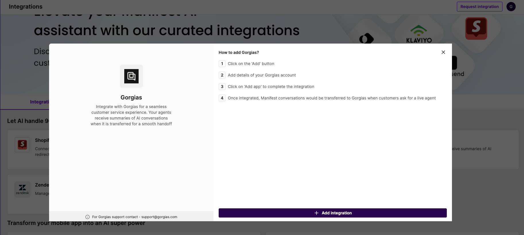 gorgias integration with manifest