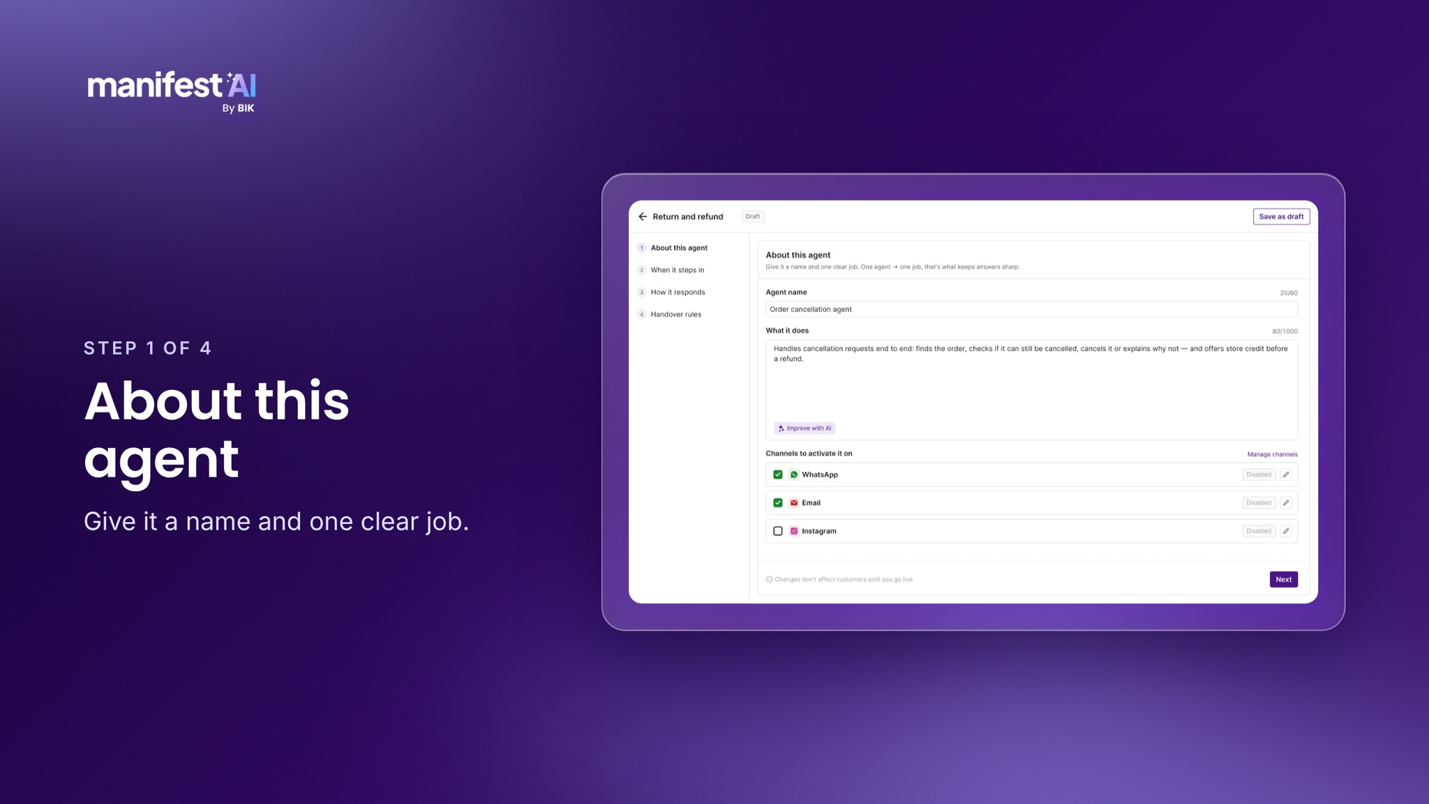 Step 1 in Agent Builder: naming the agent and giving it one job