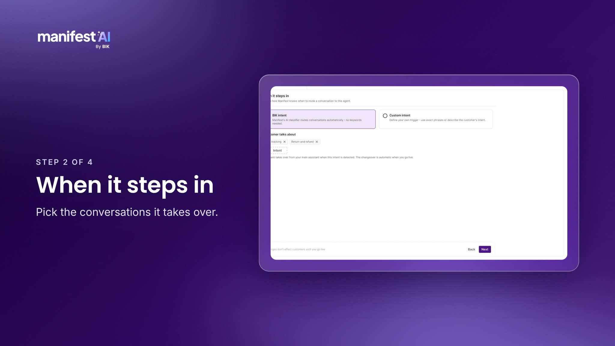 Step 2 in Agent Builder: choosing when the agent steps in