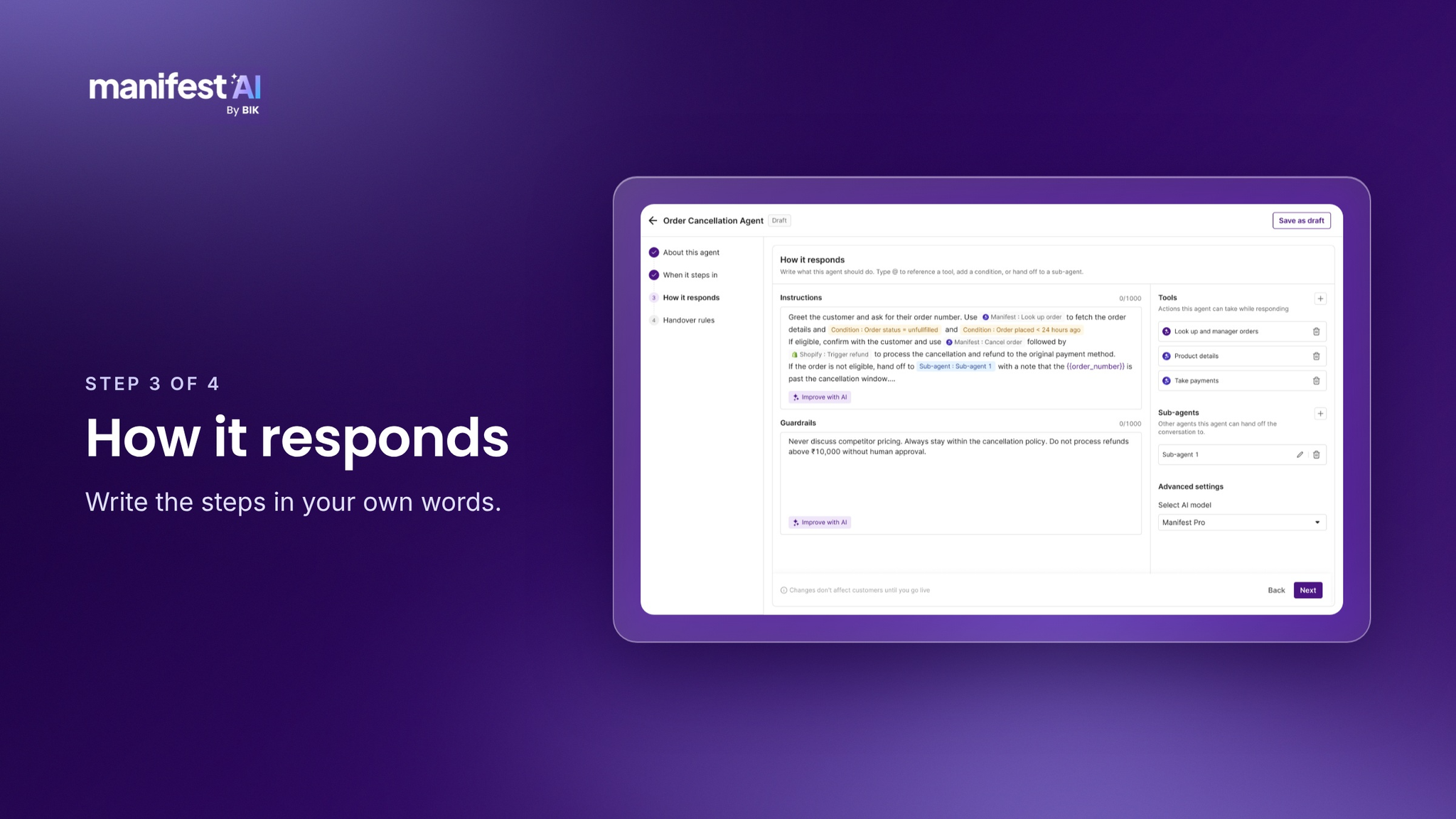 Step 3 in Agent Builder: writing how the agent responds and pulling in tools with @