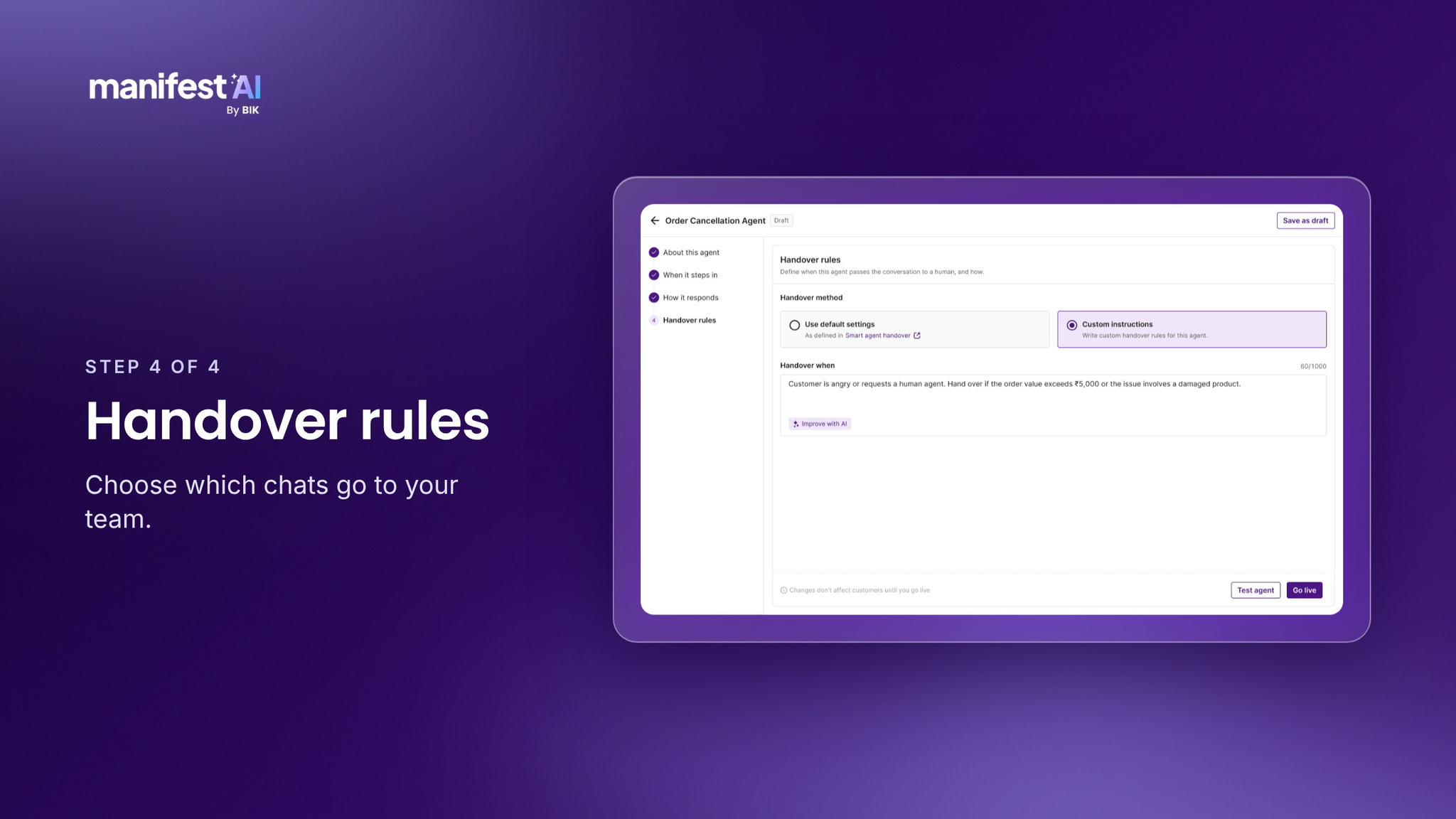 Step 4 in Agent Builder: setting handover rules