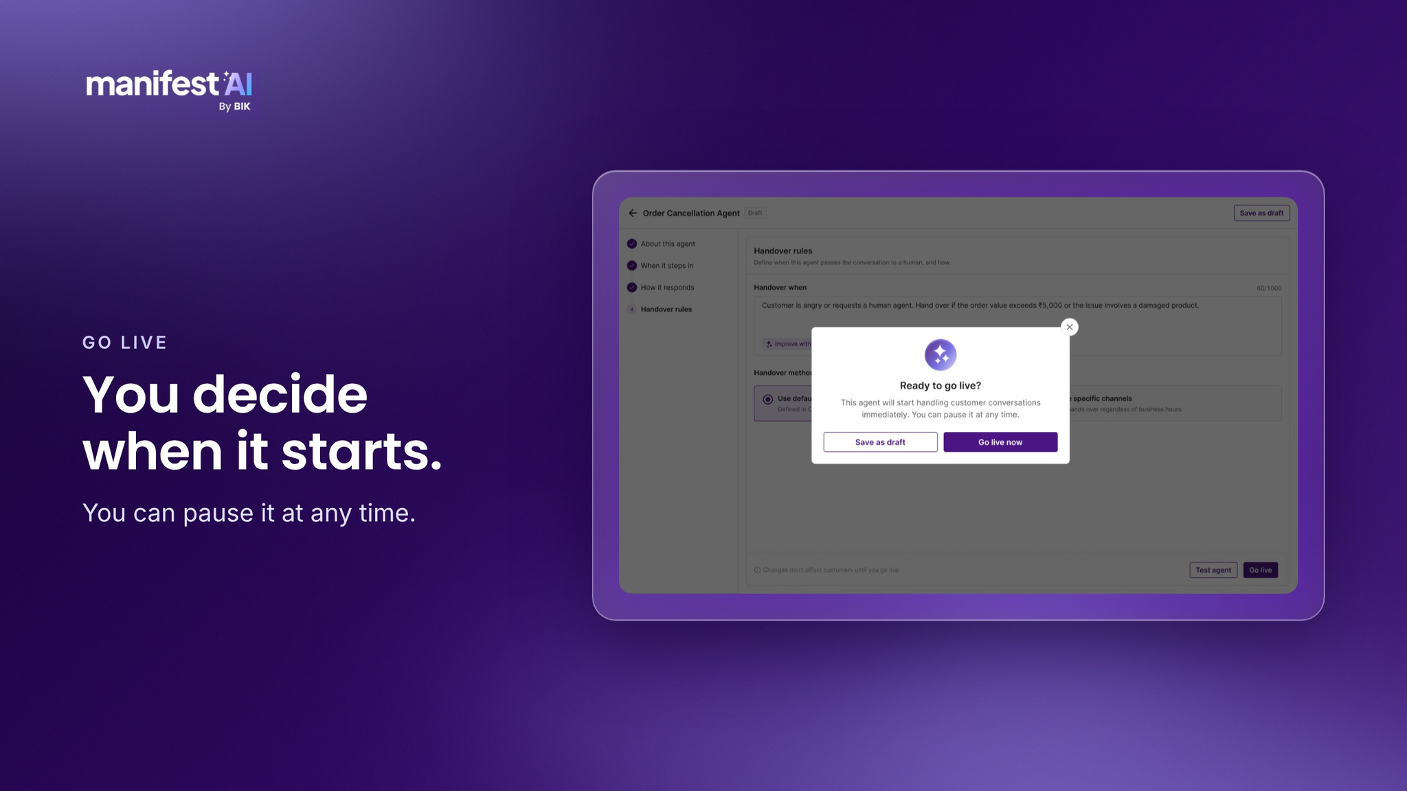 Going live with an agent in Agent Builder