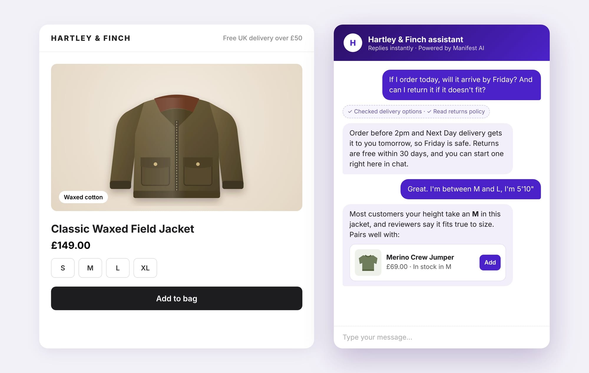 Storefront chat where the AI agent answers a UK delivery and returns question, then recommends a size and a related product
