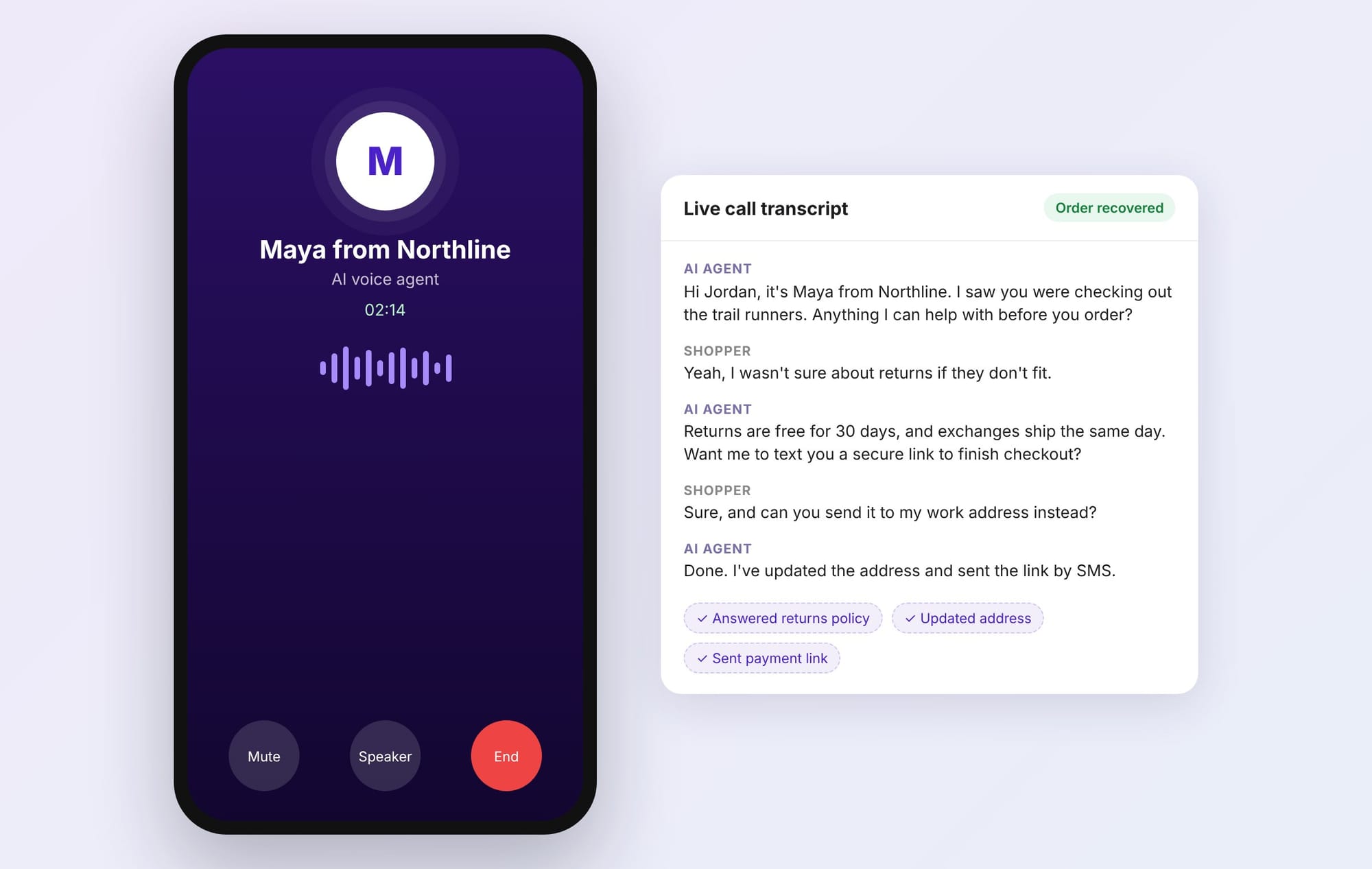 AI voice agent calling a shopper who abandoned checkout, answering a returns question and sending a payment link