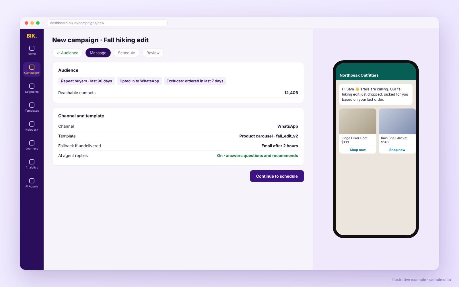 WhatsApp campaign builder showing a segmented broadcast with a product carousel template