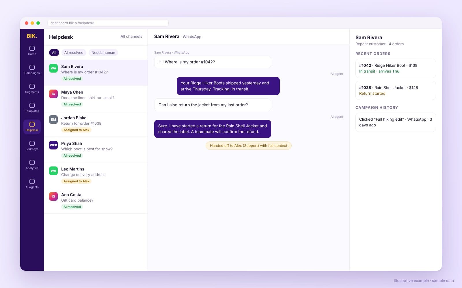 Unified helpdesk inbox showing a WhatsApp conversation handed off from an AI agent to a human agent with order details in the side panel