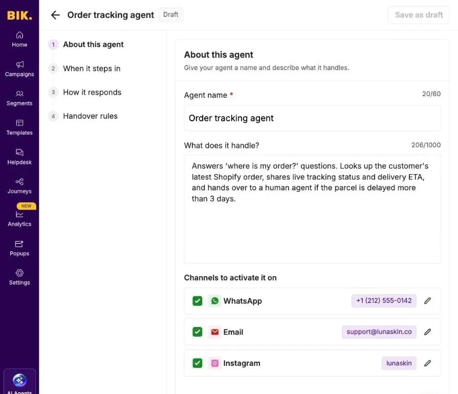 BIK.ai AI agent builder showing an order tracking agent with name, description and WhatsApp, Email and Instagram channels selected