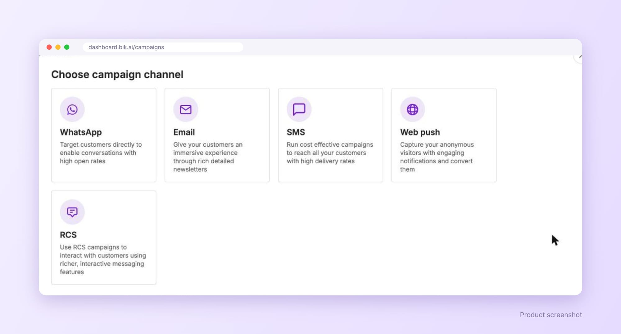BIK campaign channel picker showing WhatsApp, Email, SMS, Web push and RCS