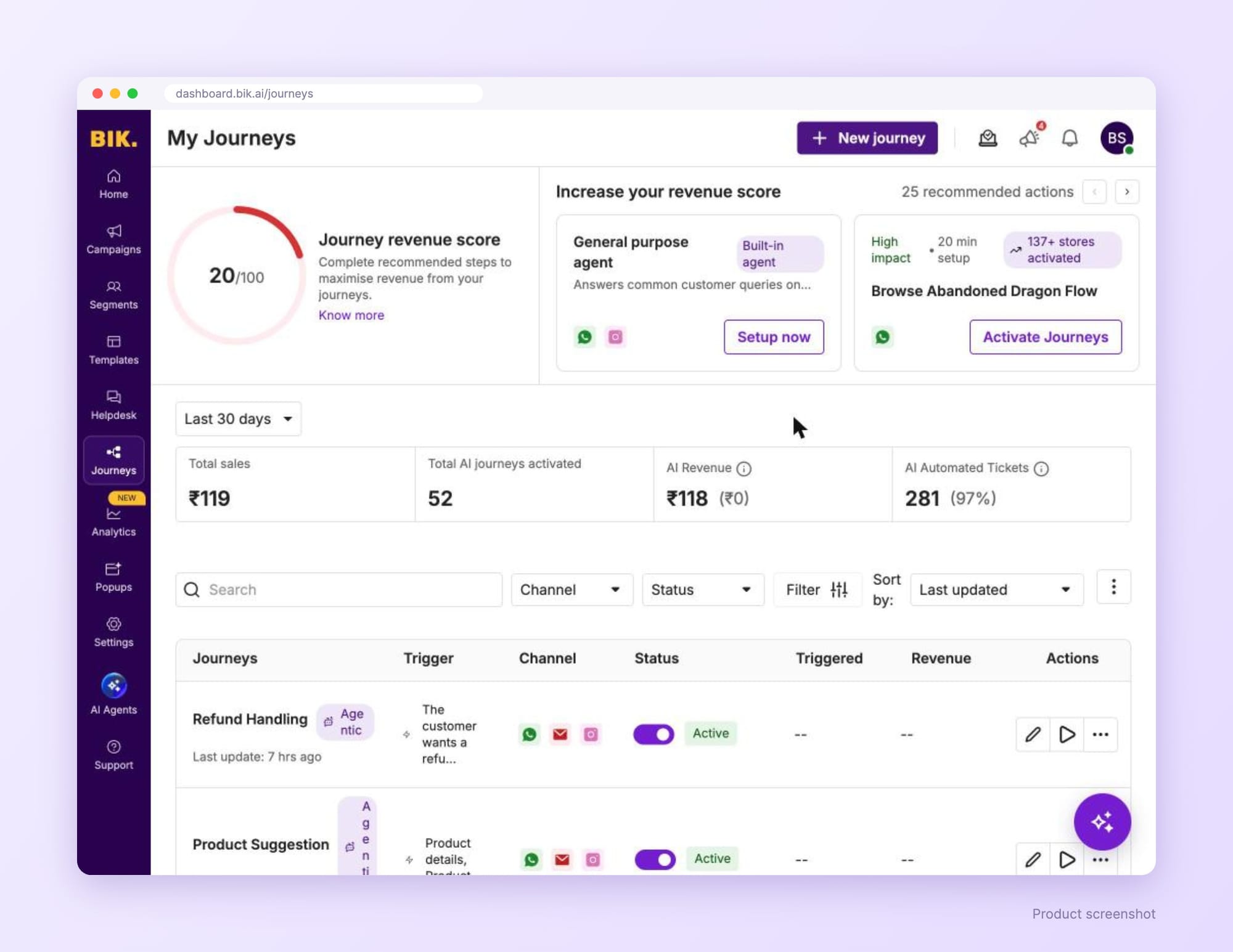BIK journeys dashboard listing agentic journeys running on WhatsApp, email and Instagram