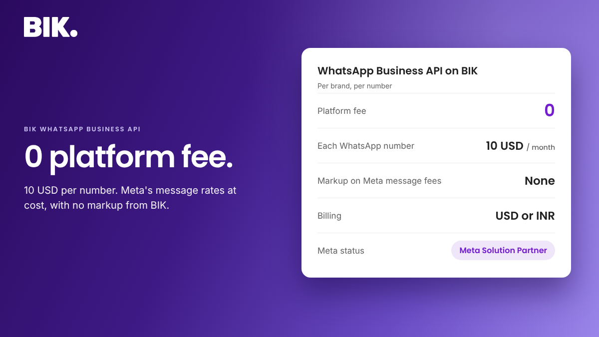 BIK WhatsApp Business API pricing: 0 platform fee, 10 USD per number