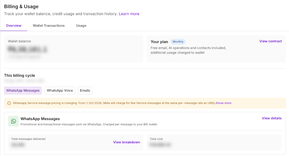 BIK Billing and Usage page with a notice that from 1 October 2026 Meta charges service messages at the utility rate