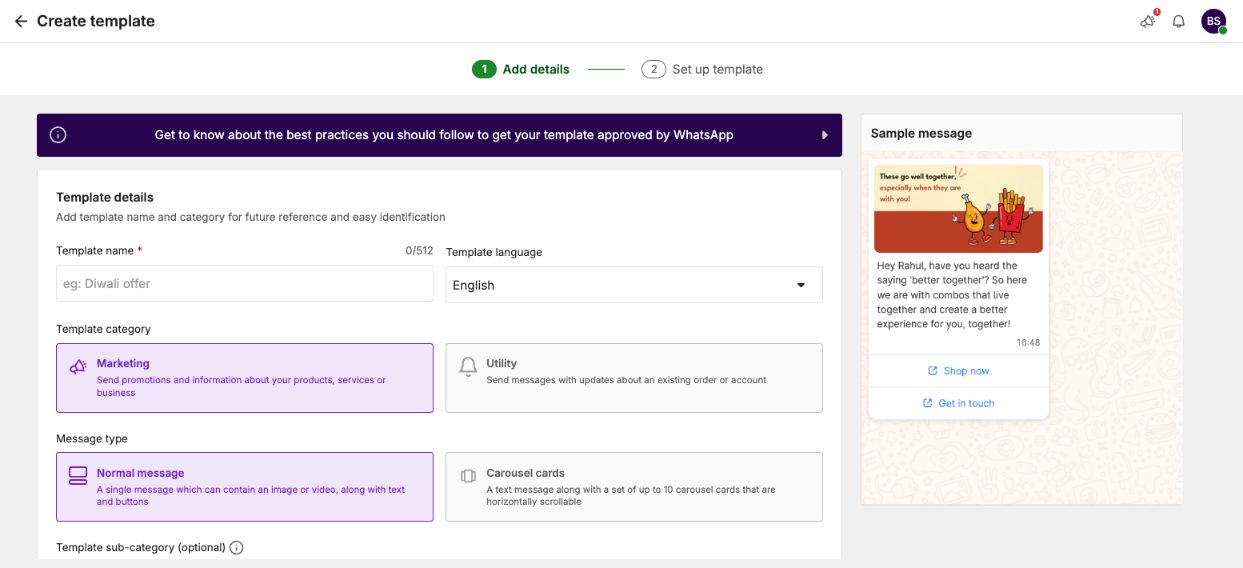 BIK template creation screen with carousel cards option for WhatsApp campaigns