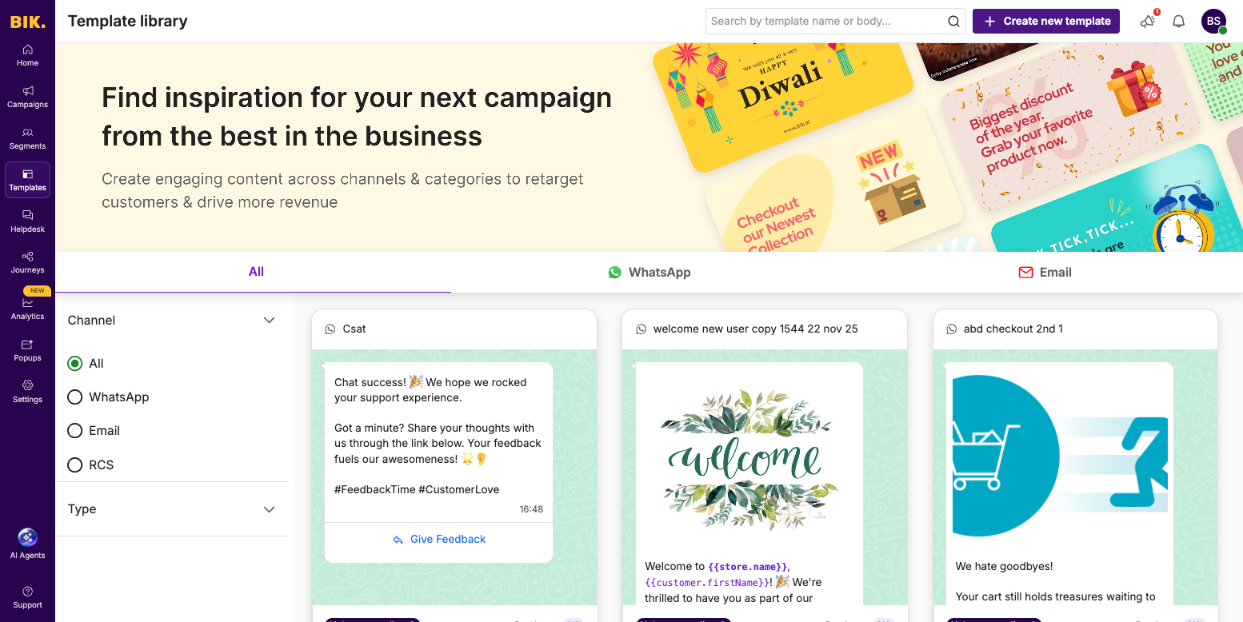 BIK template library with ready WhatsApp templates for CSAT, welcome and abandoned checkout