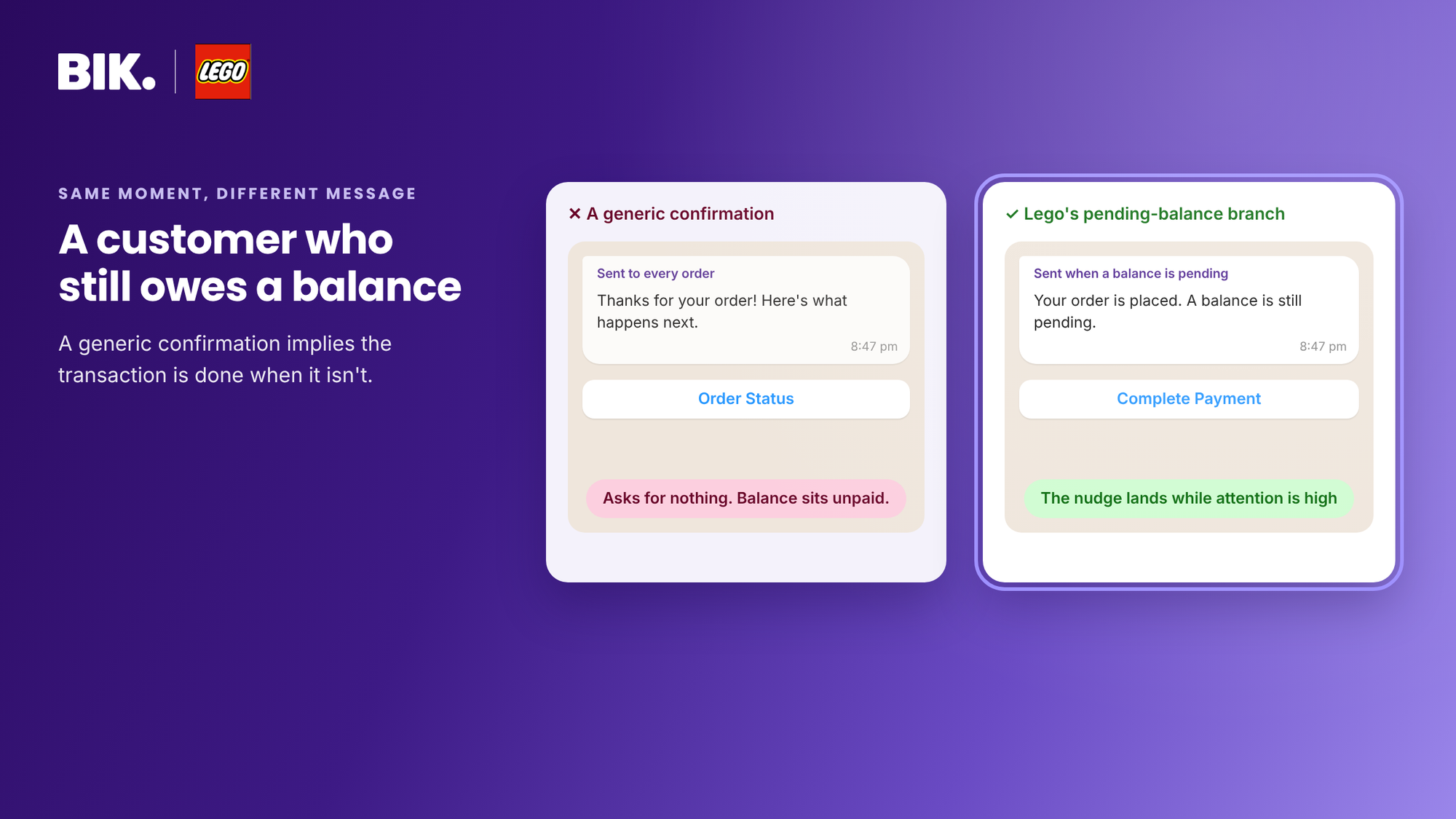 A generic confirmation asks for nothing; the pending-balance branch sends a Complete Payment reminder in the same moment