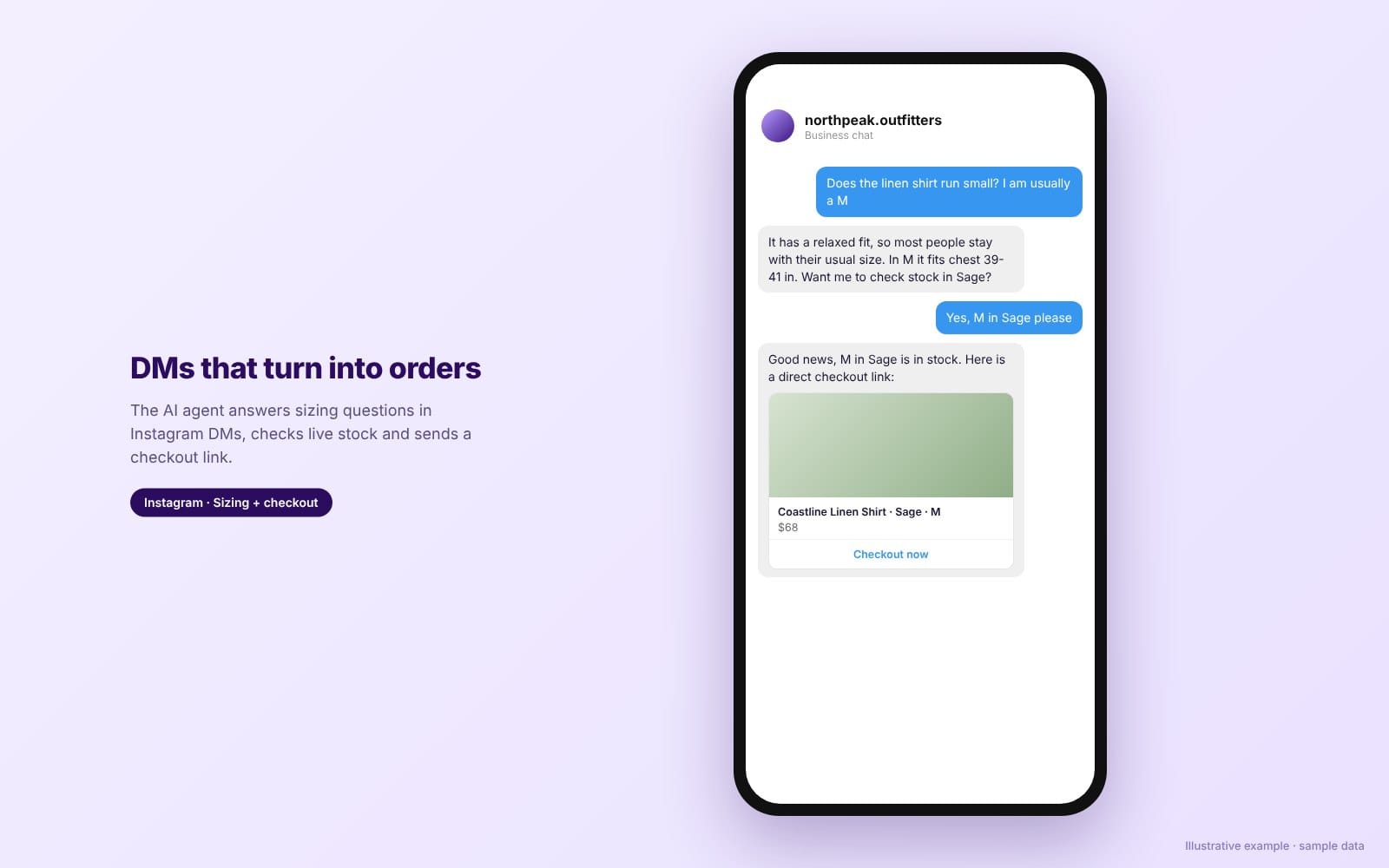 Instagram DM where the AI agent answers a sizing question and shares a product card