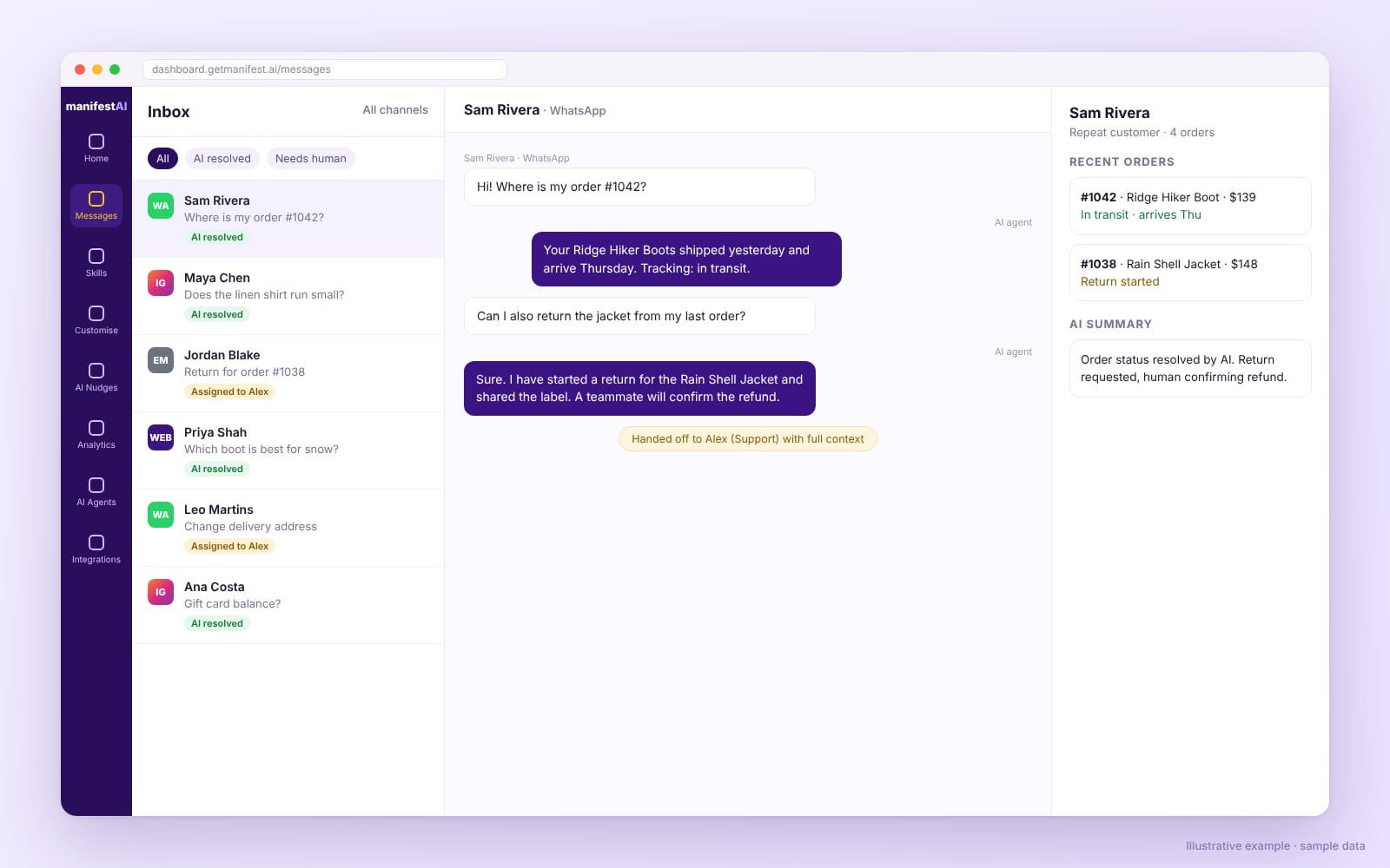 Omnichannel inbox showing WhatsApp, Instagram and email conversations handled by the AI agent with automated routing