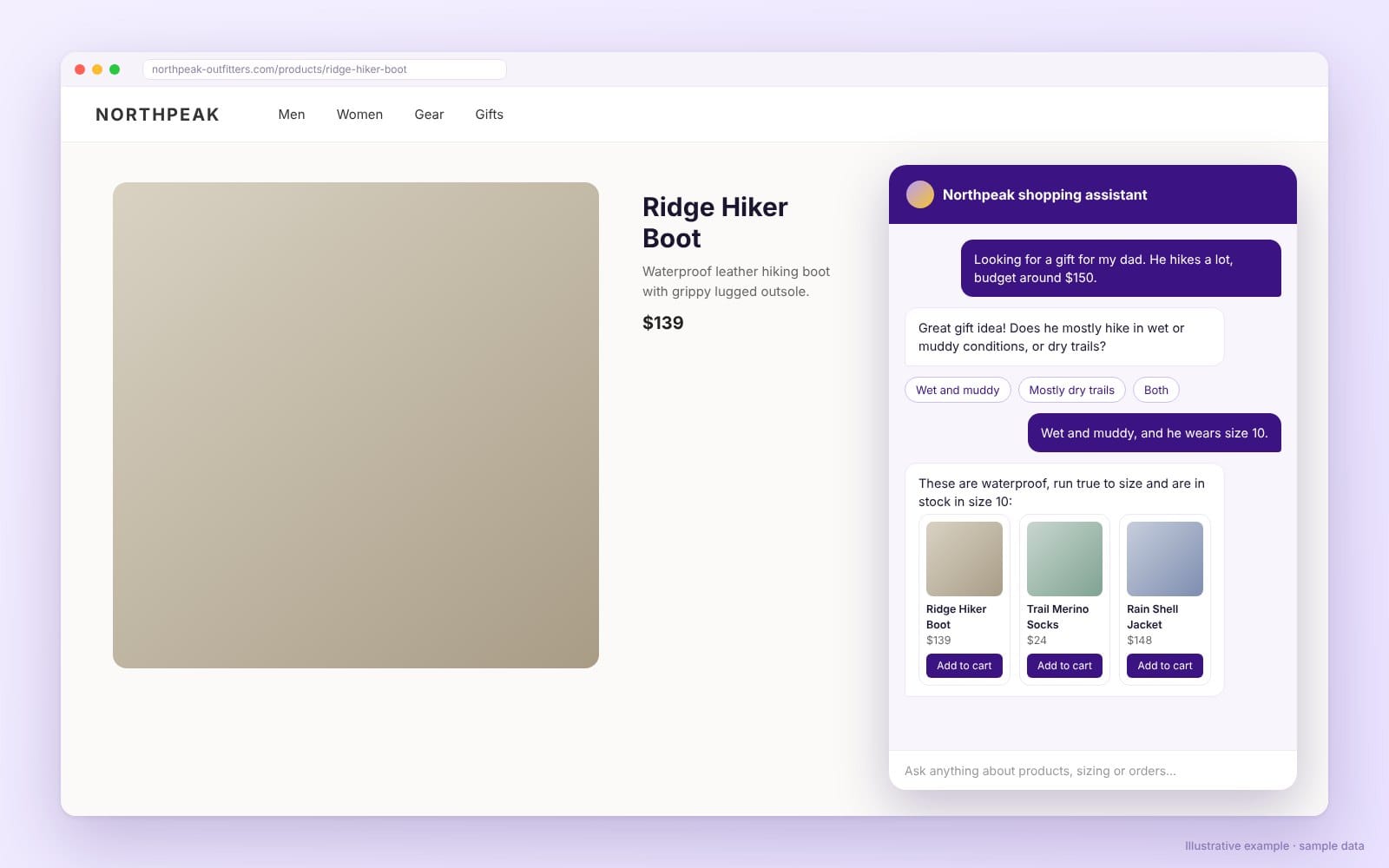 Storefront AI shopping assistant answering a sizing question and recommending two products with add-to-cart buttons