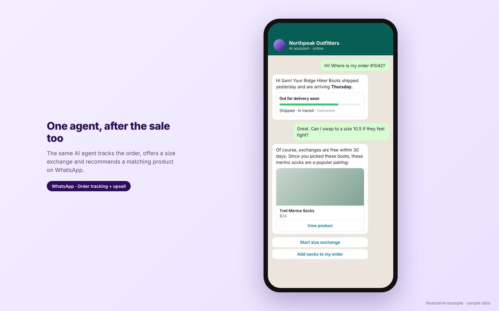 WhatsApp conversation where the AI agent tracks an order and then recommends a related product