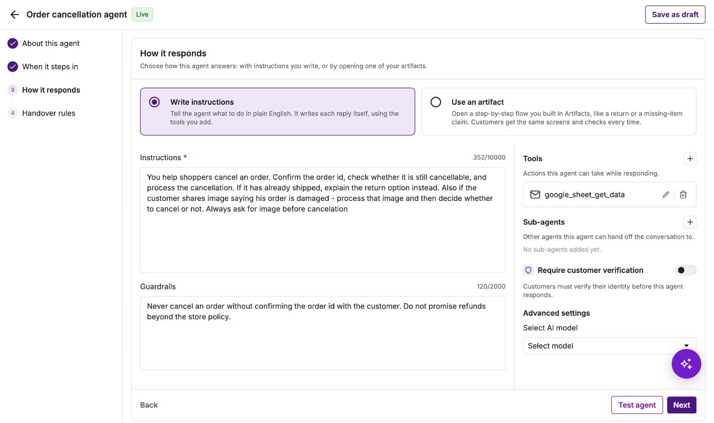 Manifest AI Agent Studio showing an order cancellation agent's instructions, guardrails, tools and sub-agents