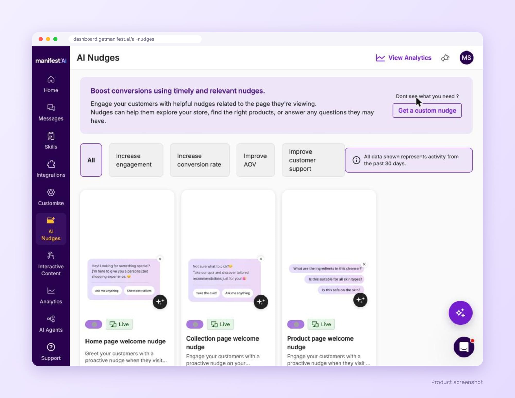 Manifest AI dashboard showing AI nudges for home, collection and product pages