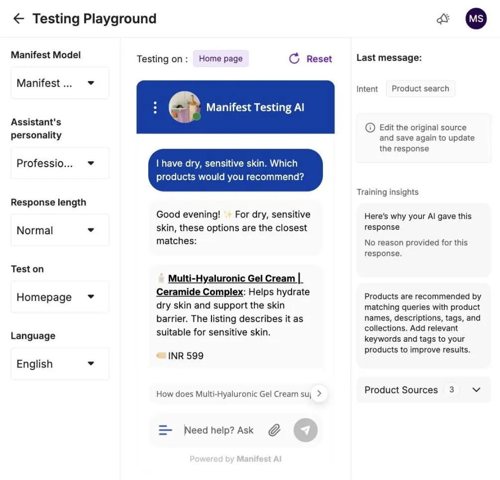 Manifest AI testing playground showing a dry, sensitive skin question answered with matched products, plus the detected intent and training insights panel