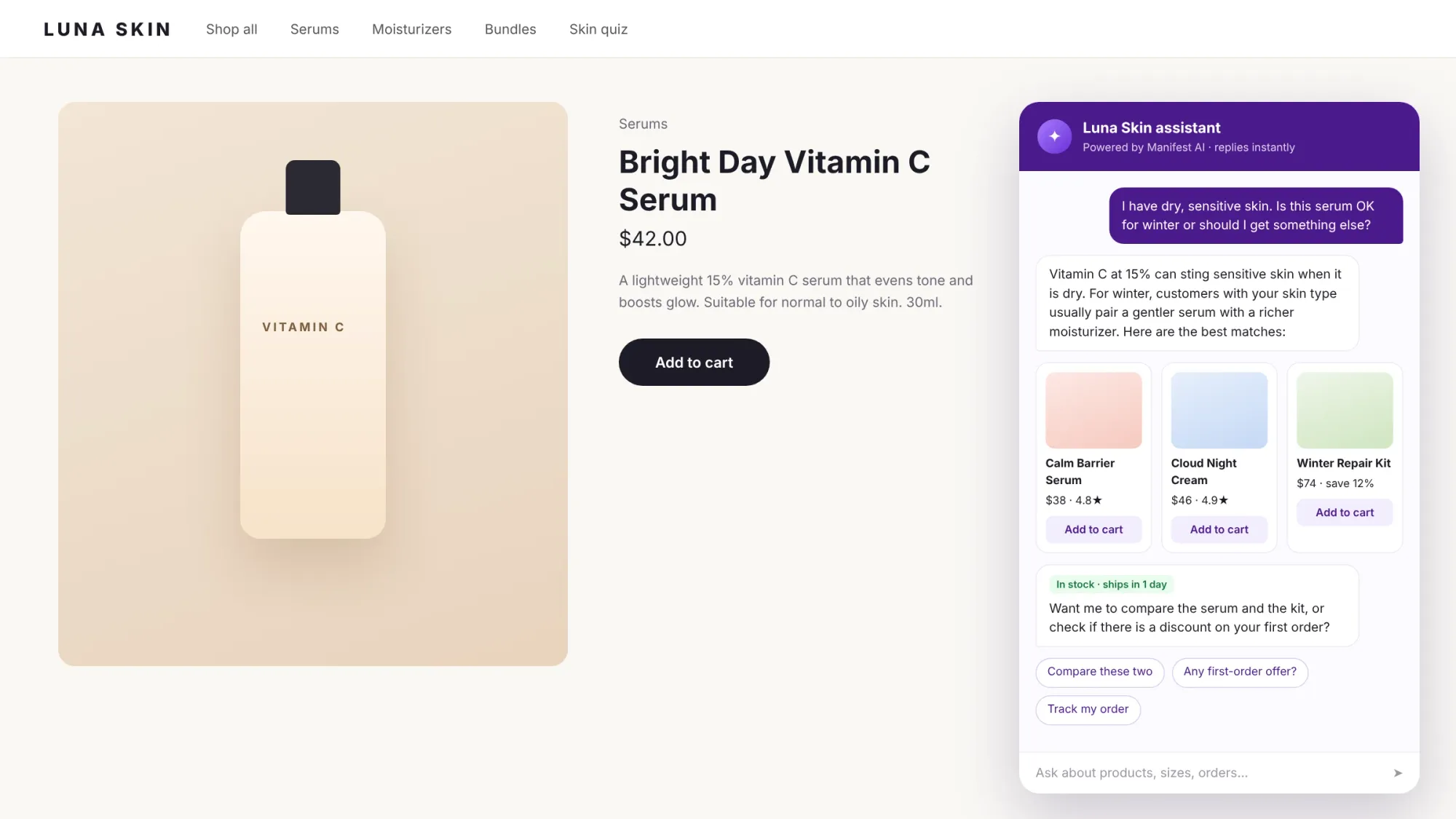 An AI shopping assistant on a Shopify product page recommending three alternative products with add-to-cart buttons