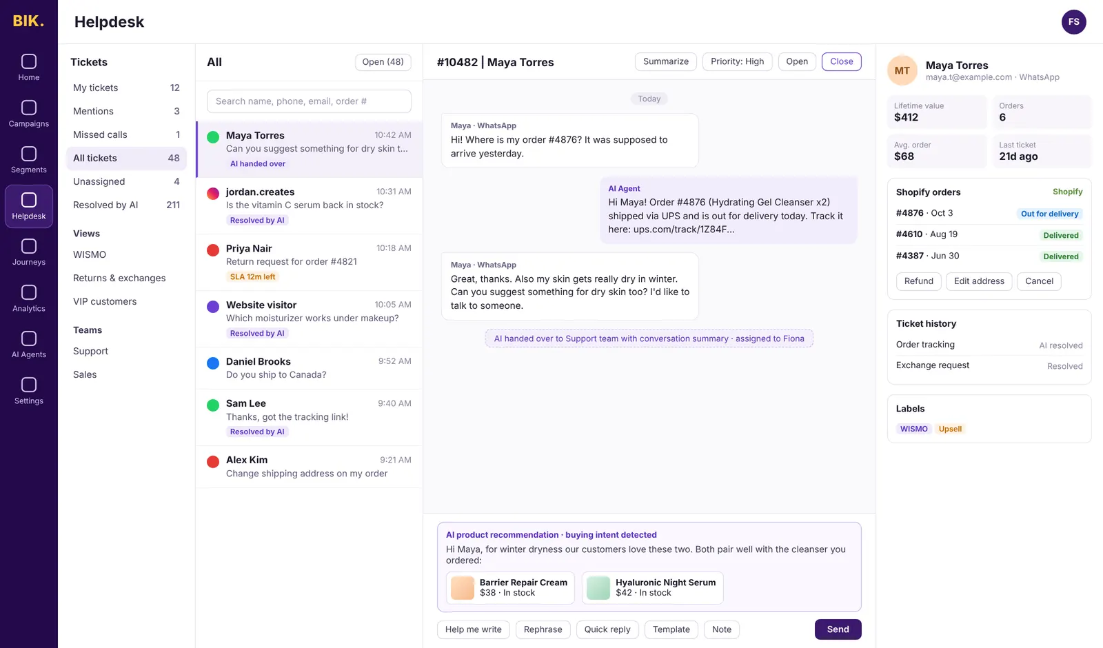 Manifest AI unified inbox showing a WhatsApp conversation handed over from the AI agent, Shopify order history in the side panel, and AI product recommendations in the reply box