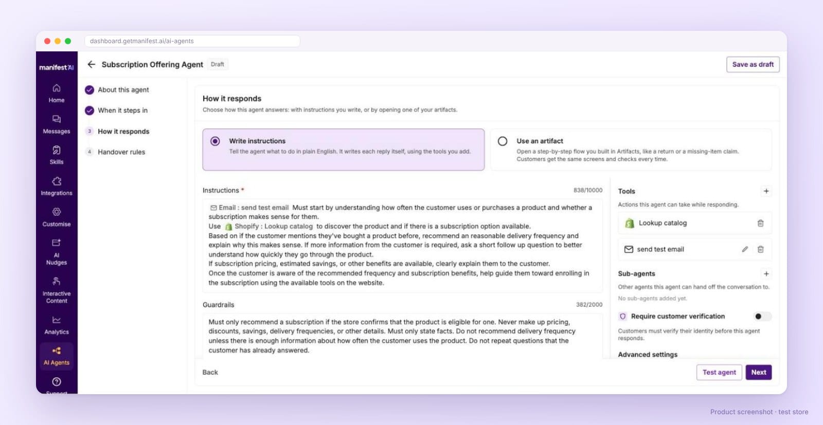 Manifest AI agent builder showing tools the agent can call