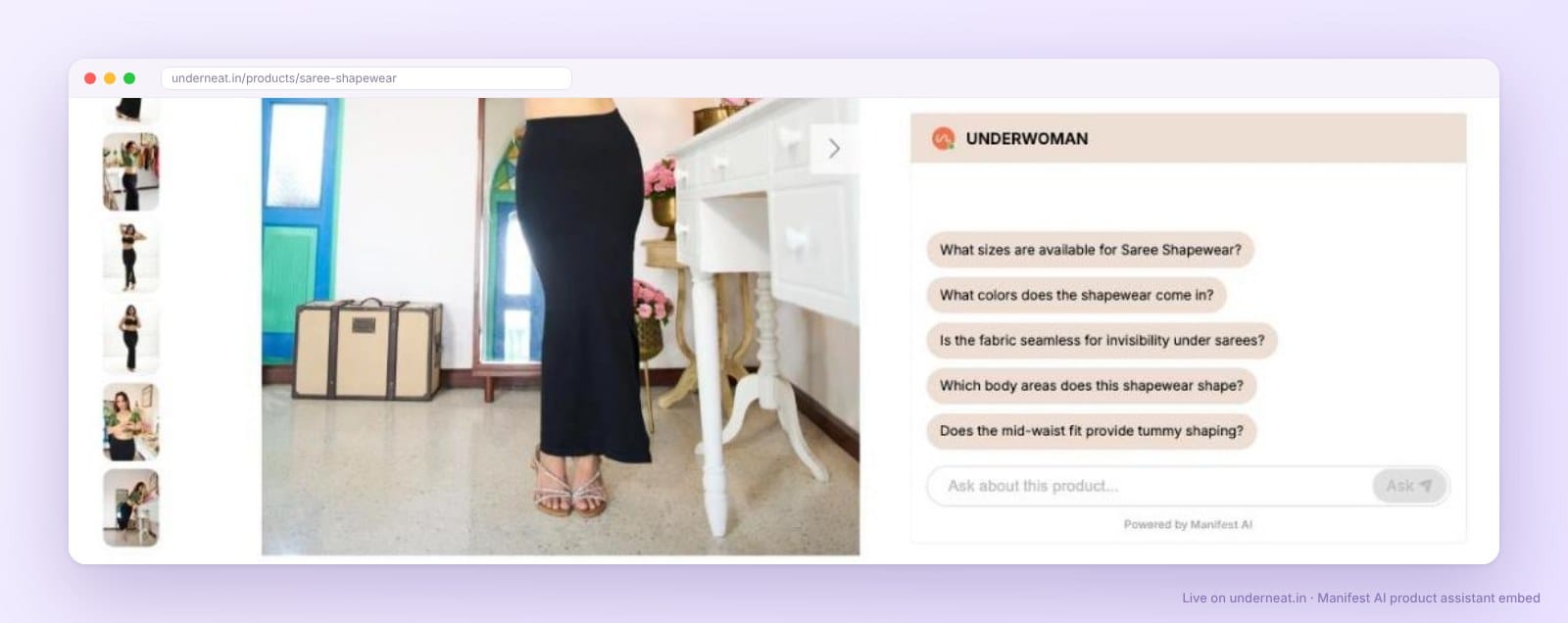 Manifest AI product assistant embed on an Underneat product page