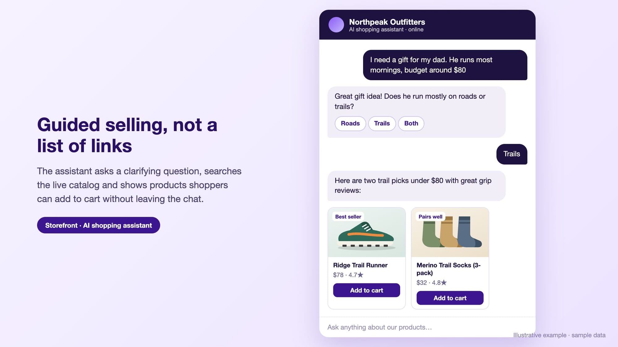 AI shopping assistant on a Shopify store asking a clarifying question and recommending products with add-to-cart
