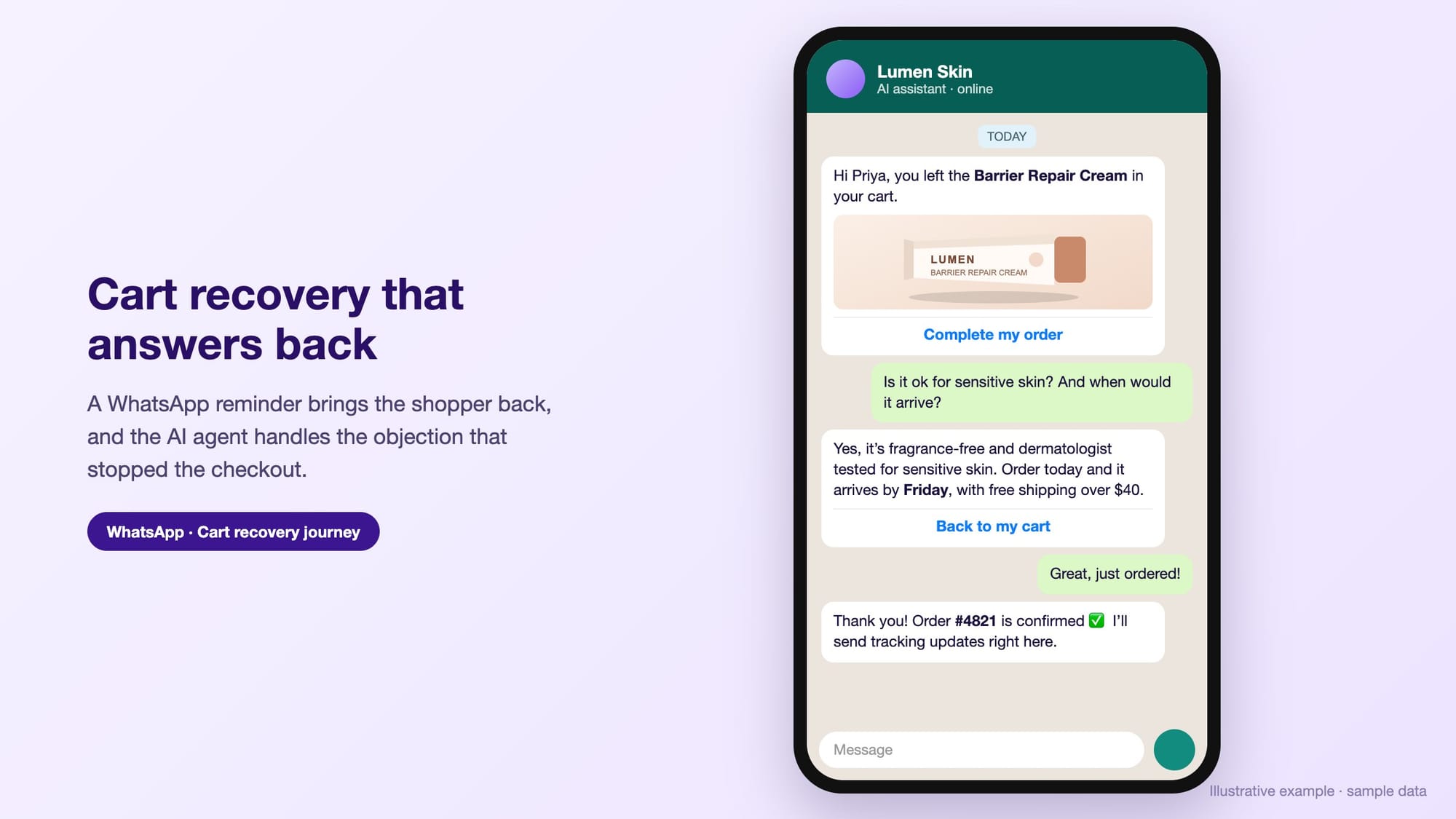 WhatsApp cart recovery message where an AI agent answers a shopper question about sensitive skin and delivery