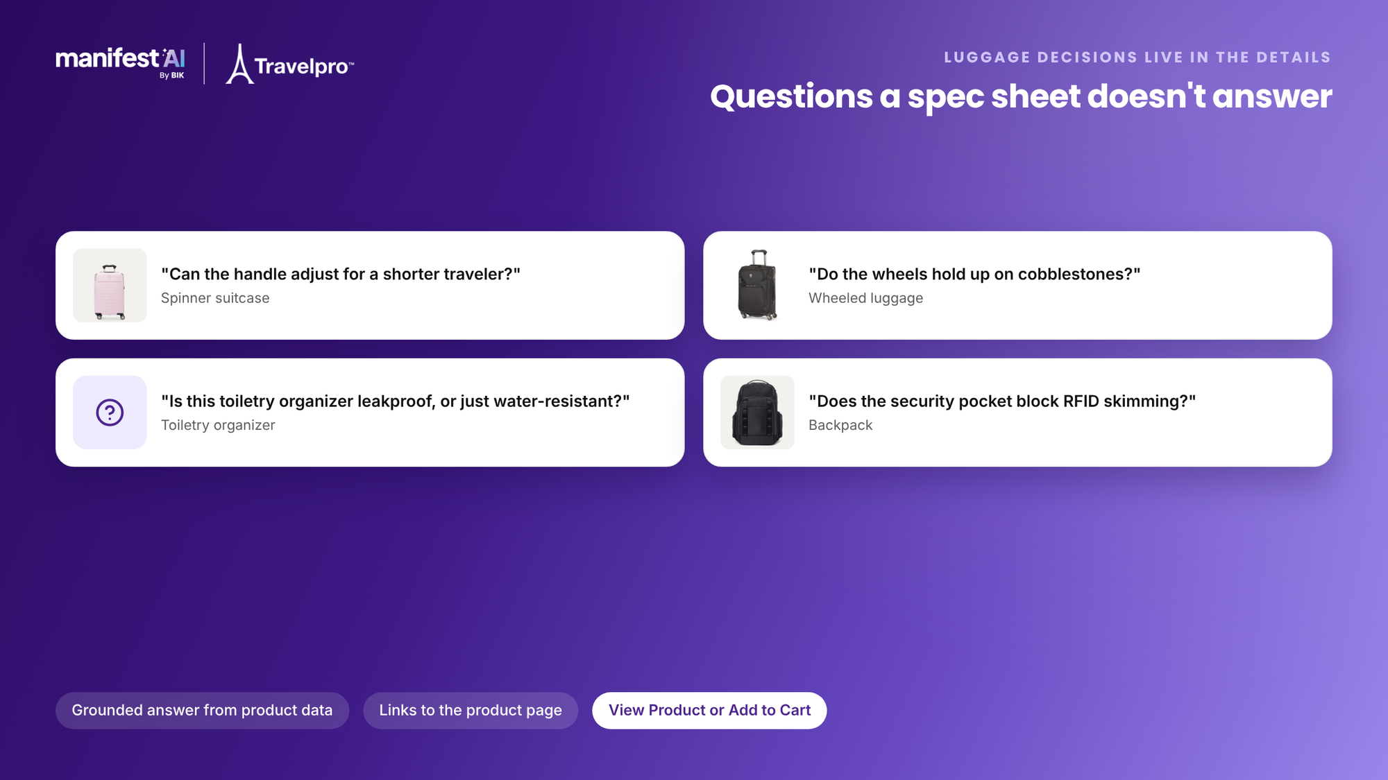 Real shopper questions about handle height, cobblestone wheels, leakproof organizers and RFID-blocking pockets, answered from product data