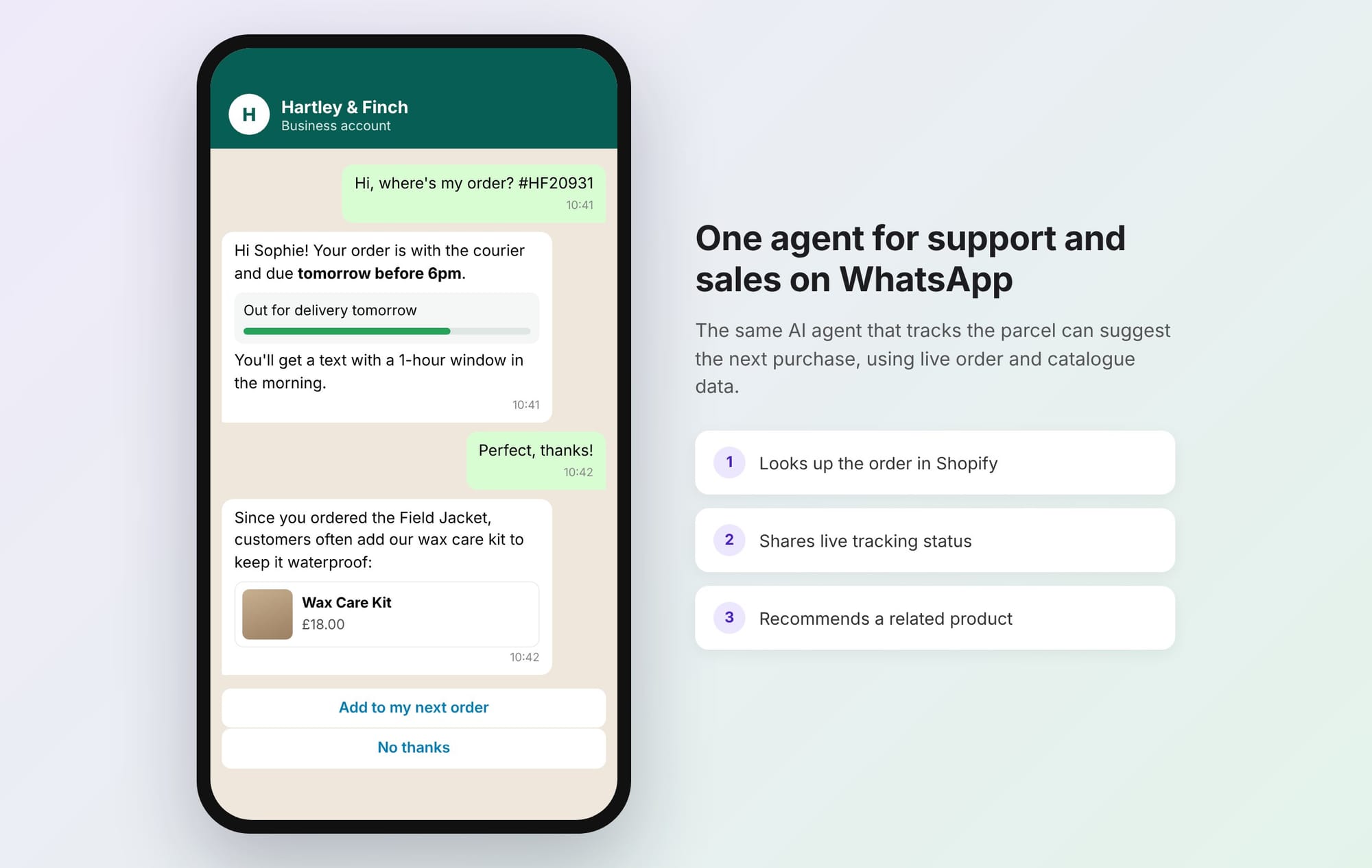 WhatsApp conversation where the AI agent tracks an order and then recommends a related product