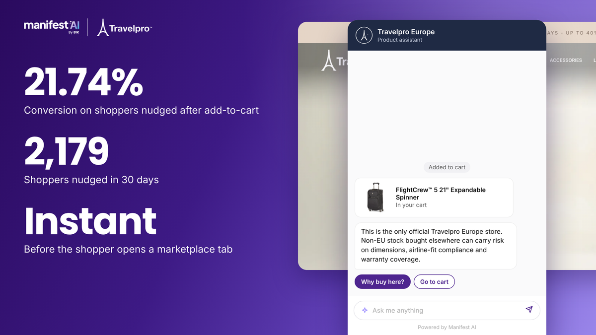 Why Travelpro Europe interrupts its own add-to-cart moment
