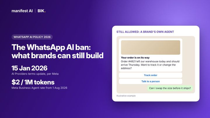 Explainer on WhatsApp's 2026 AI Providers policy showing which AI chatbots brands can still run