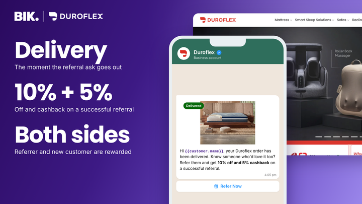 Duroflex x BIK: a WhatsApp referral invite sent on delivery day, offering 10% off and 5% cashback on a successful referral