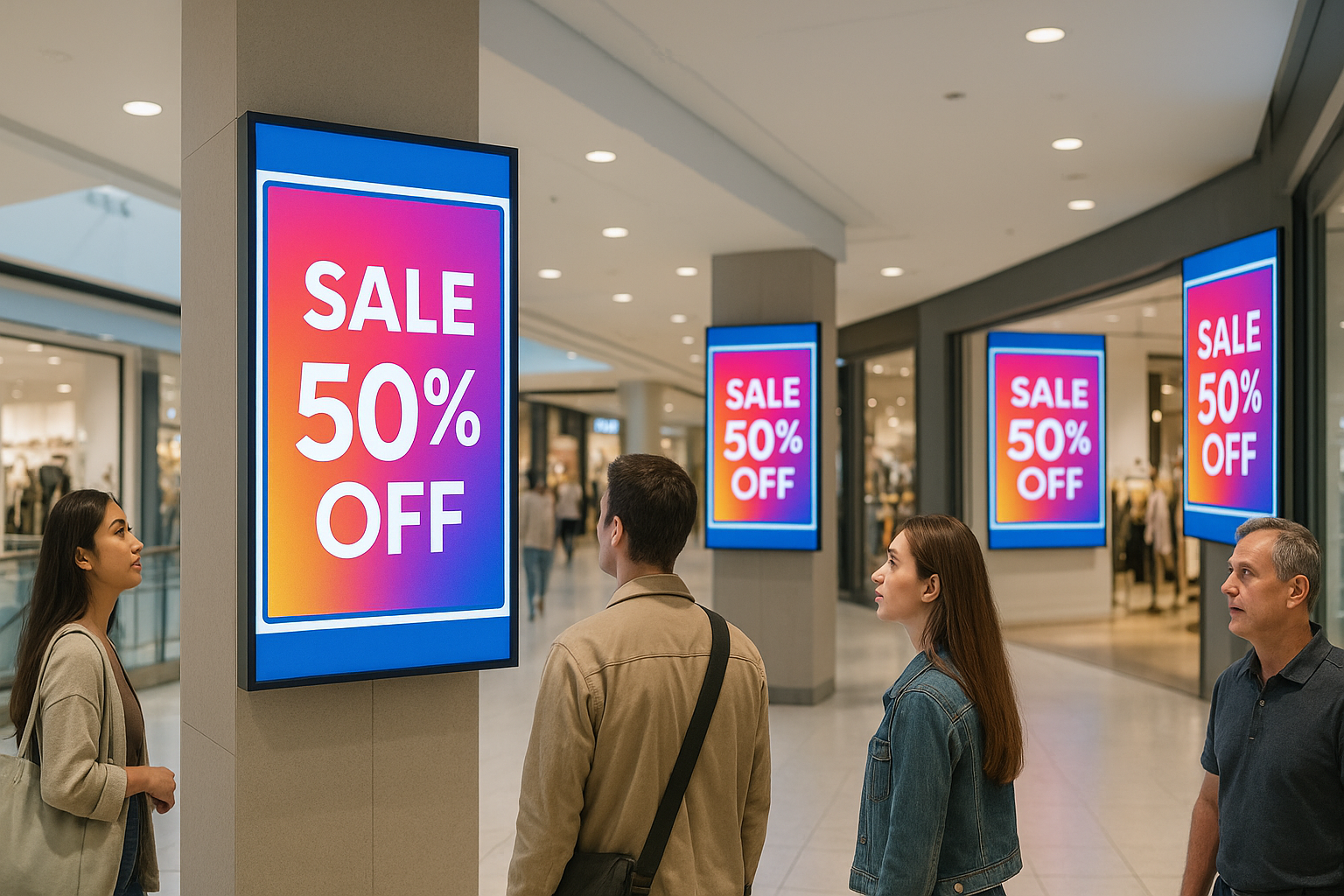 Shoppers observing multiple synchronized digital signage screens in a mall, all displaying a ‘Sale 50% OFF’ message