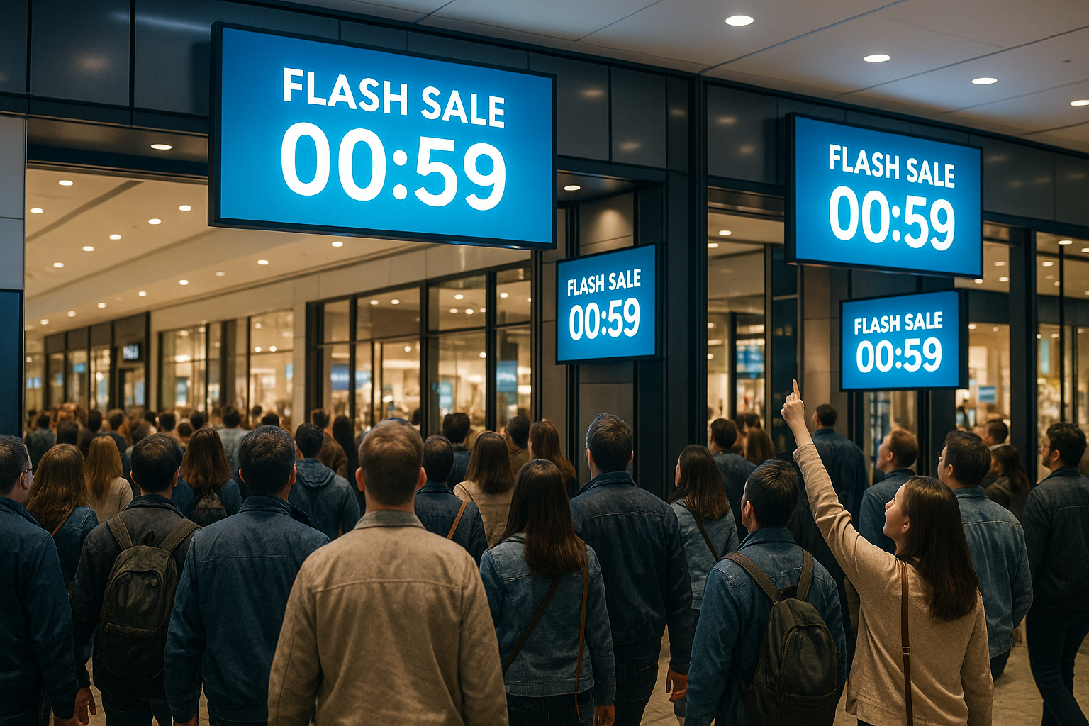 Mall shoppers reacting to synchronized digital signage screens displaying a flash sale countdown.