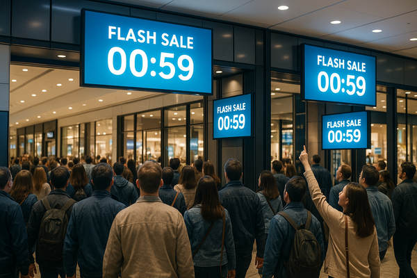 Mall shoppers reacting to synchronized digital signage screens displaying a flash sale countdown.