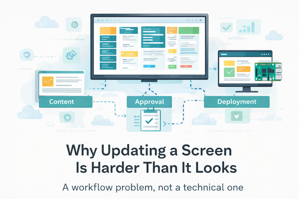 Digital signage workflow failure diagram illustrating disconnected content, approval, and deployment systems that cause screen update problems