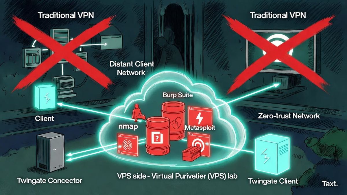 Cloud VPS security lab connected to client network via Twingate zero-trust tunnels for remote pentesting