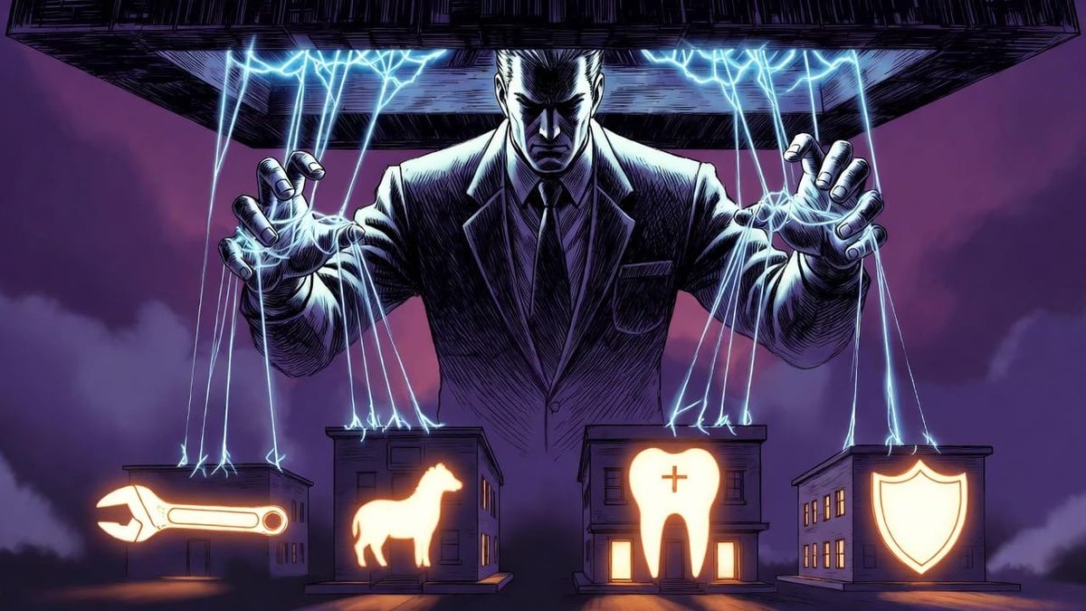 Private equity executive manipulating puppet strings attached to small businesses being consolidated into a corporate platform, cyberpunk aesthetic, 90s anime style
