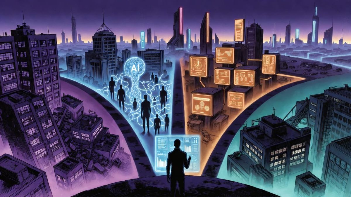 Wide panoramic view of four diverging paths across a futuristic cityscape representing different 2026 predictions, cyberpunk aesthetic, 90s anime style