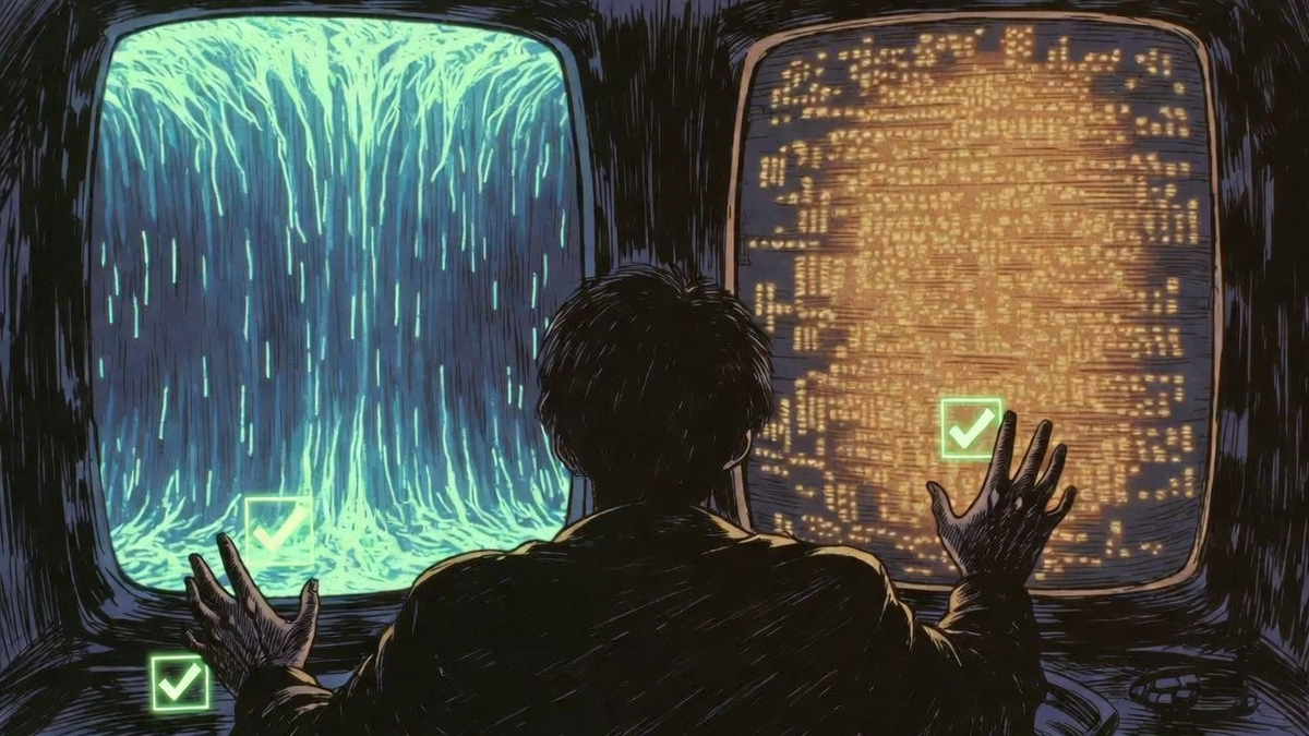 Late-80s anime OVA style illustration of verification-first QA workflow with quality assurance gates
