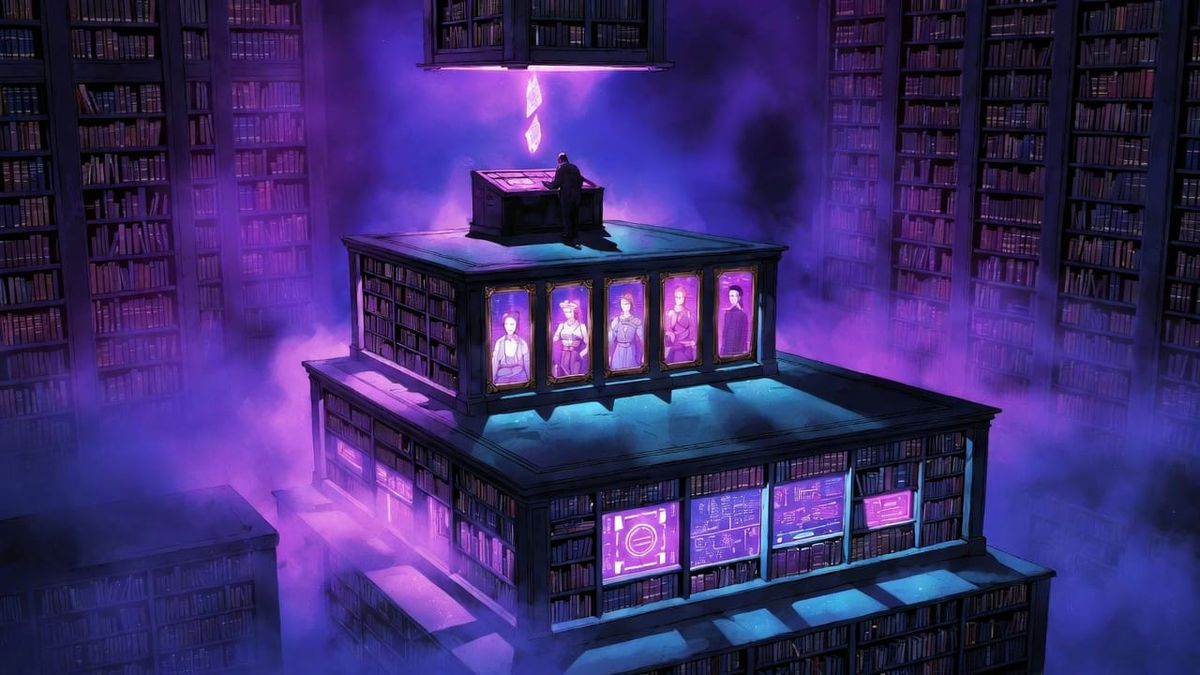 Cyberpunk anime: A figure navigates hierarchical tiers of floating knowledge - navigation, agents, and skills - pulling only needed context from the void