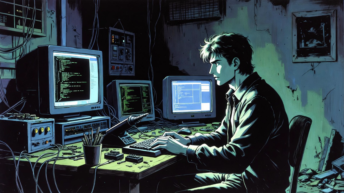Developer at workbench with two monitors - left showing fragmenting numbers, right showing stable qualitative text