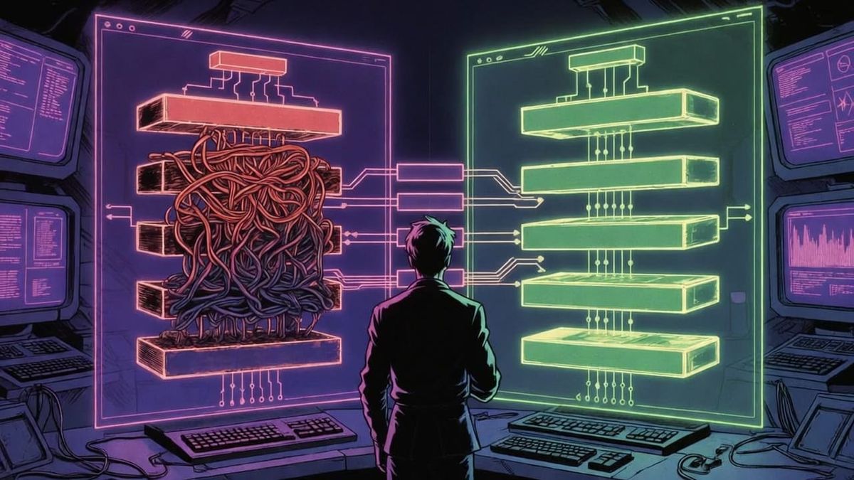 Technical analyst comparing complex protocol architecture versus streamlined direct API implementation