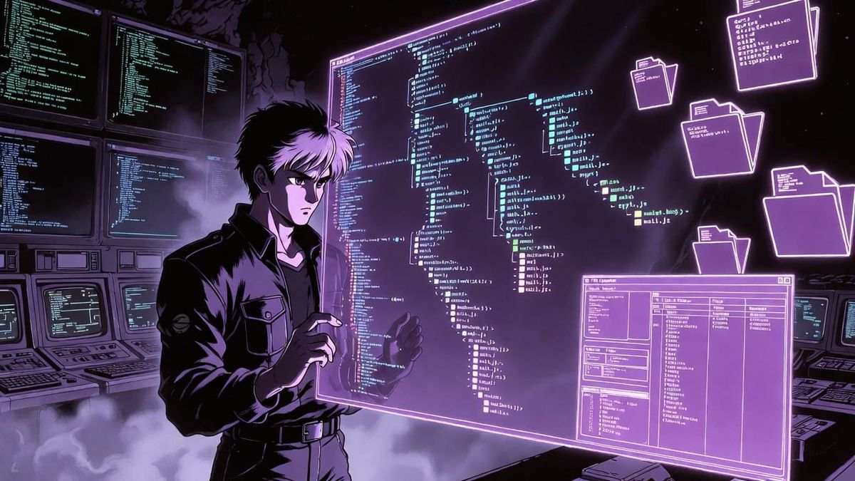 Anime developer with holographic file tree showing organized tool discovery