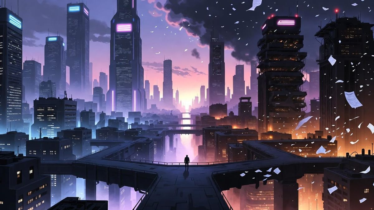 Cyberpunk cityscape with half-abandoned corporate towers and a figure at a crossroads between cold AI megastructures and warm community workspaces
